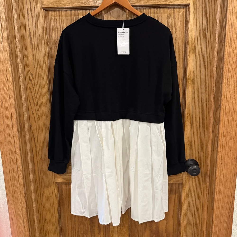PrettyGarden Black White Layered Sweatshirt Tunic Dress S NWT